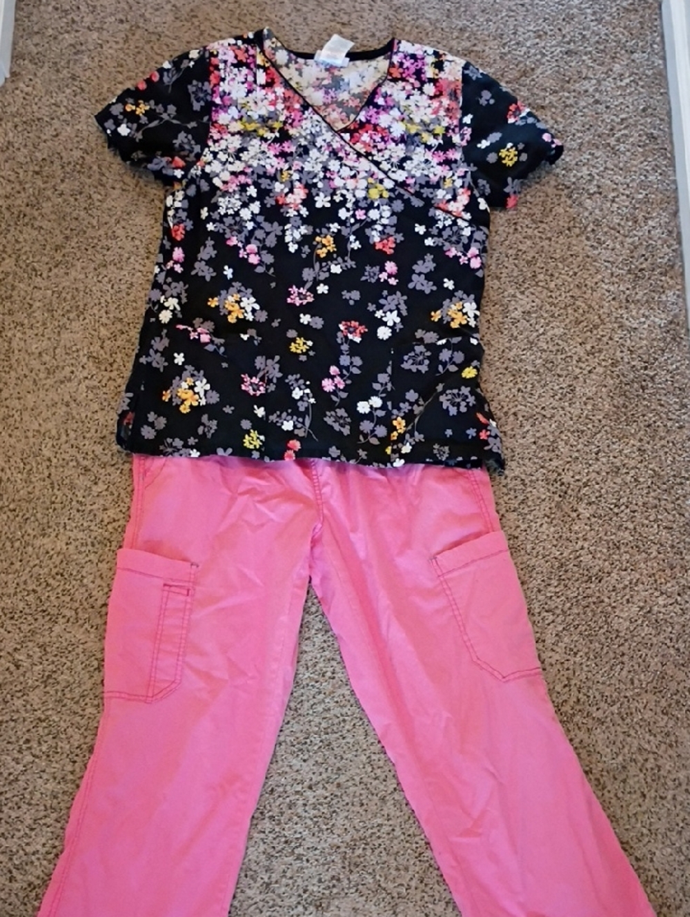 Women’s Floral V-Neck Tunic Top in Black with Pink & Yellow Accent - Unbranded